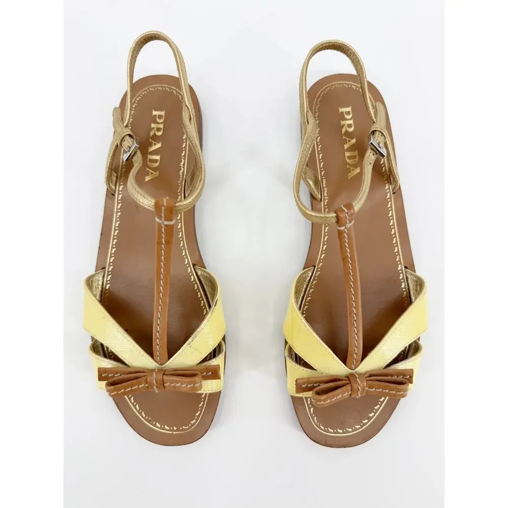 Prada Sandals Yellow Leather Bow T Strap Flat Gladiator Slingback Italy 36.5